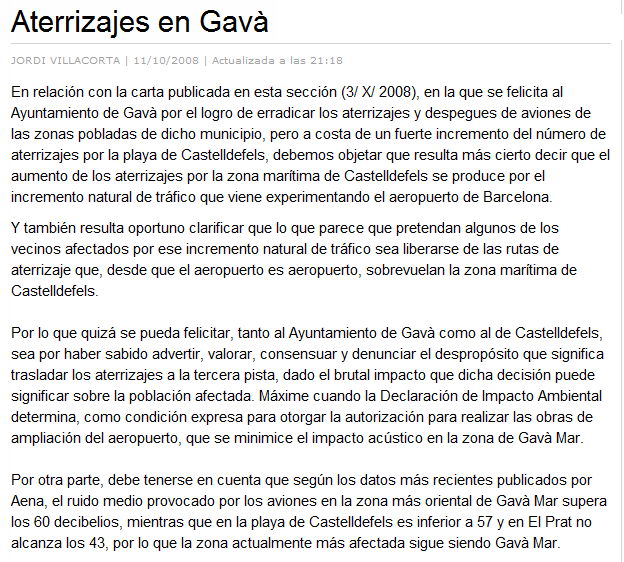 Carta del Presidente de la AVV Platja de Gavà (Jordi Villacorta) publicada en el diario "La Vanguardia" el 11 de octubre de 2008